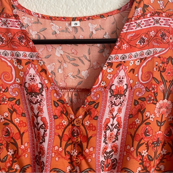 Boho Floral Print, Pleated V -Neck Lantern Sleeve Slim Waist Dress in Tangerine - Picture 8 of 11